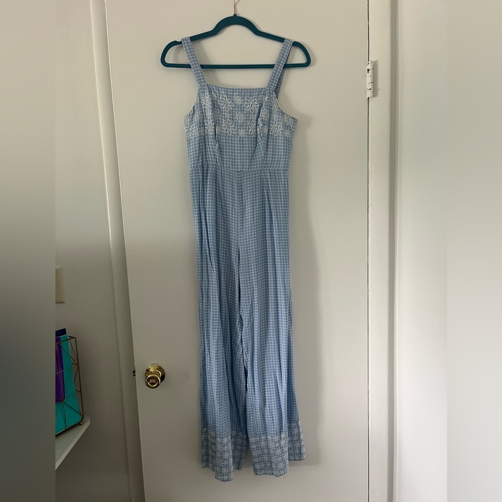 Blue Gingham Jumpsuit with White Lace